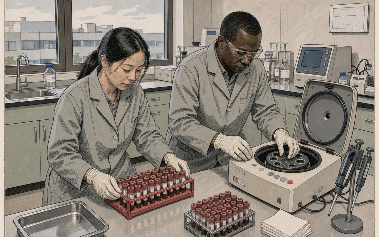 Two technicians loading a rack of capped blood sample tubes into a benchtop centrifuge