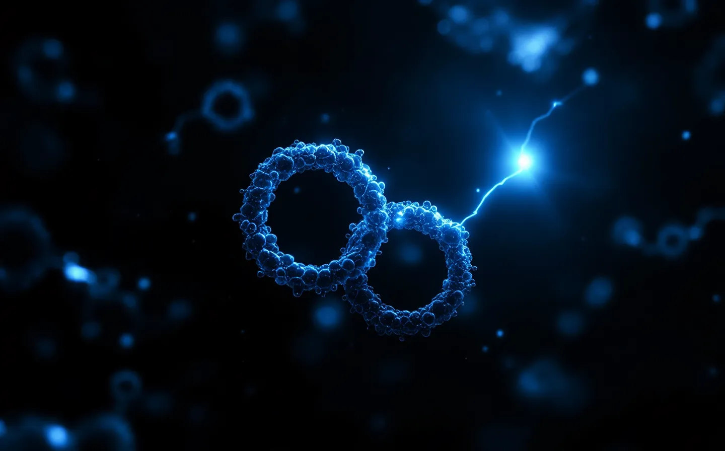 A cinematic dark illustration of two linked abstract coenzyme ring forms joined by a phosphate spine, the upper ring lit in electric-blue with a thin cyan electron-transfer glint between them, framed by tiny cyan corner brackets on a cool graphite stage
