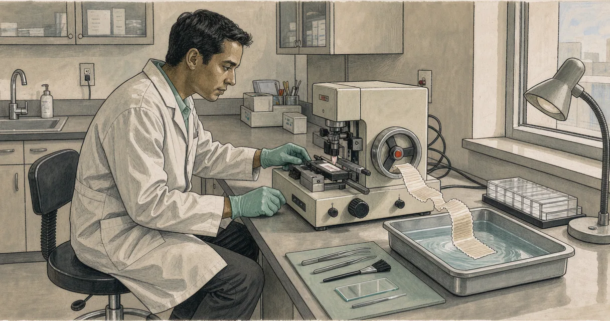 A technician turning a microtome wheel beside thin tissue ribbons in a hand-coloured illustration