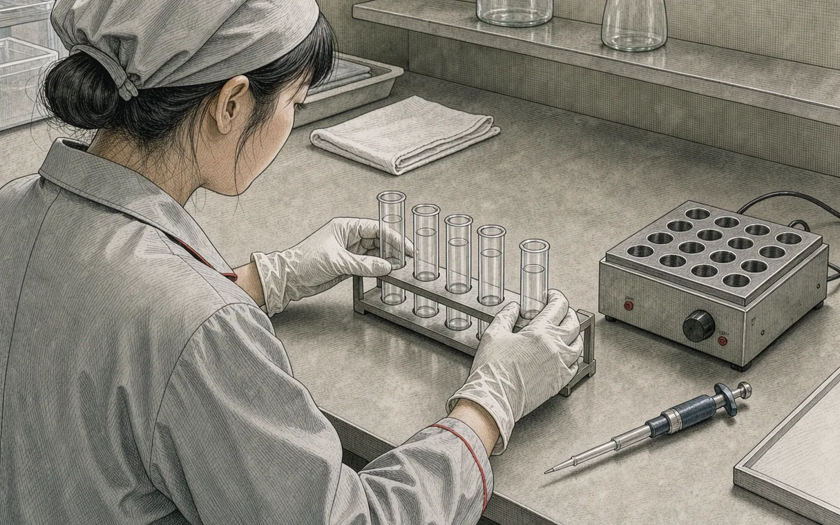 A technician arranging plain assay tubes beside a compact laboratory heating block